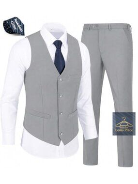 Mens 2 Piece Suit Vest and Pants Set Slim Fit Formal Business Suit with Tie